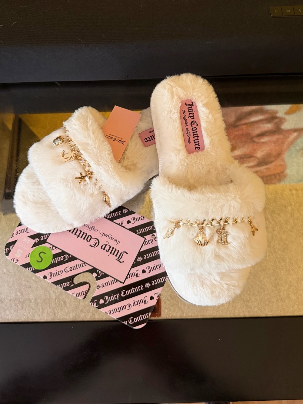 Juicy Couture White Faux-Fur Slide Slippers with Gold Charm Accents